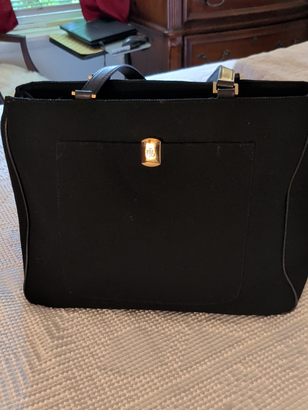 LRL Black Women's Tote Bag with Gold Hardware